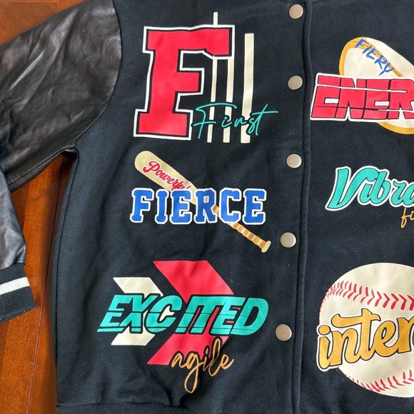 Black Varsity Letterman Jacket Faux Leather Sleeves Graphic Patch Small - Picture 8 of 10